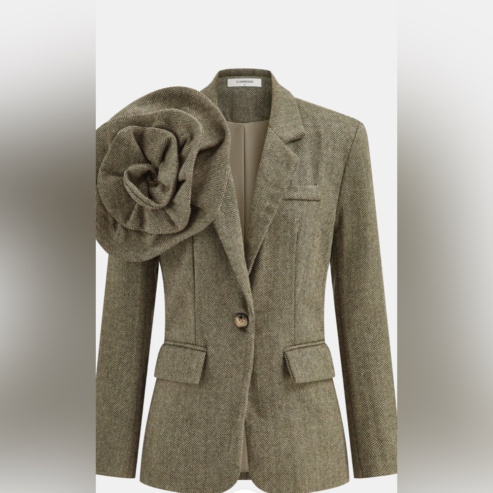 Elegant Herringbone Blazer with Floral Detail